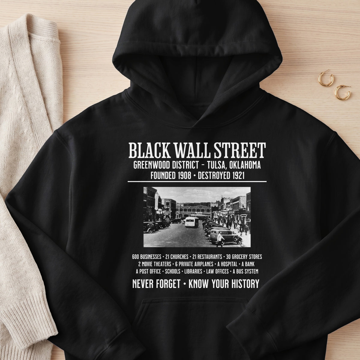 Black Wall Street graphic on black hoodie with historical photo and text.