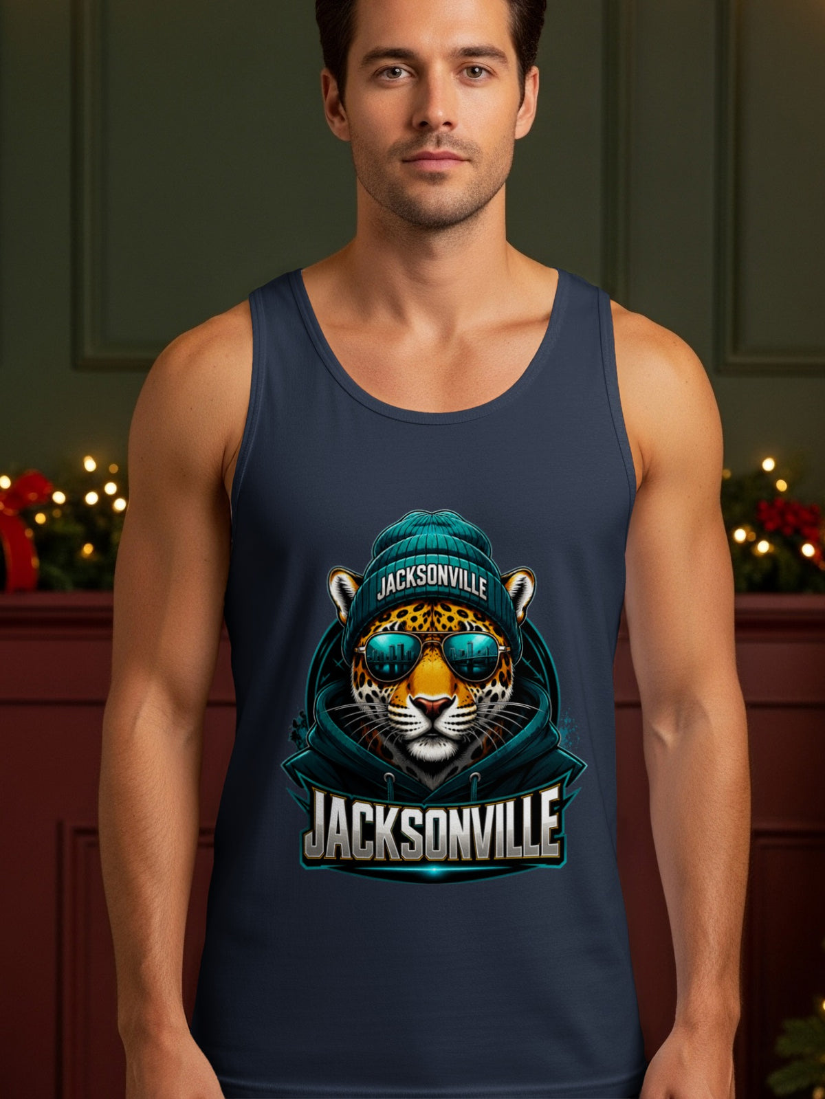 Navy tank top with Jacksonville jaguar graphic wearing beanie and sunglasses.