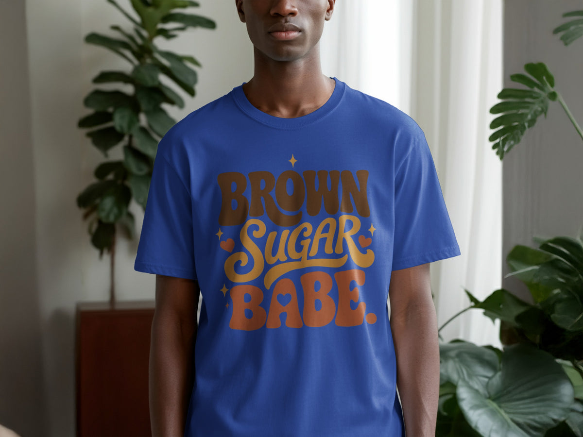 Blue t-shirt with "BROWN SUGAR BABE" text in brown and orange retro font.