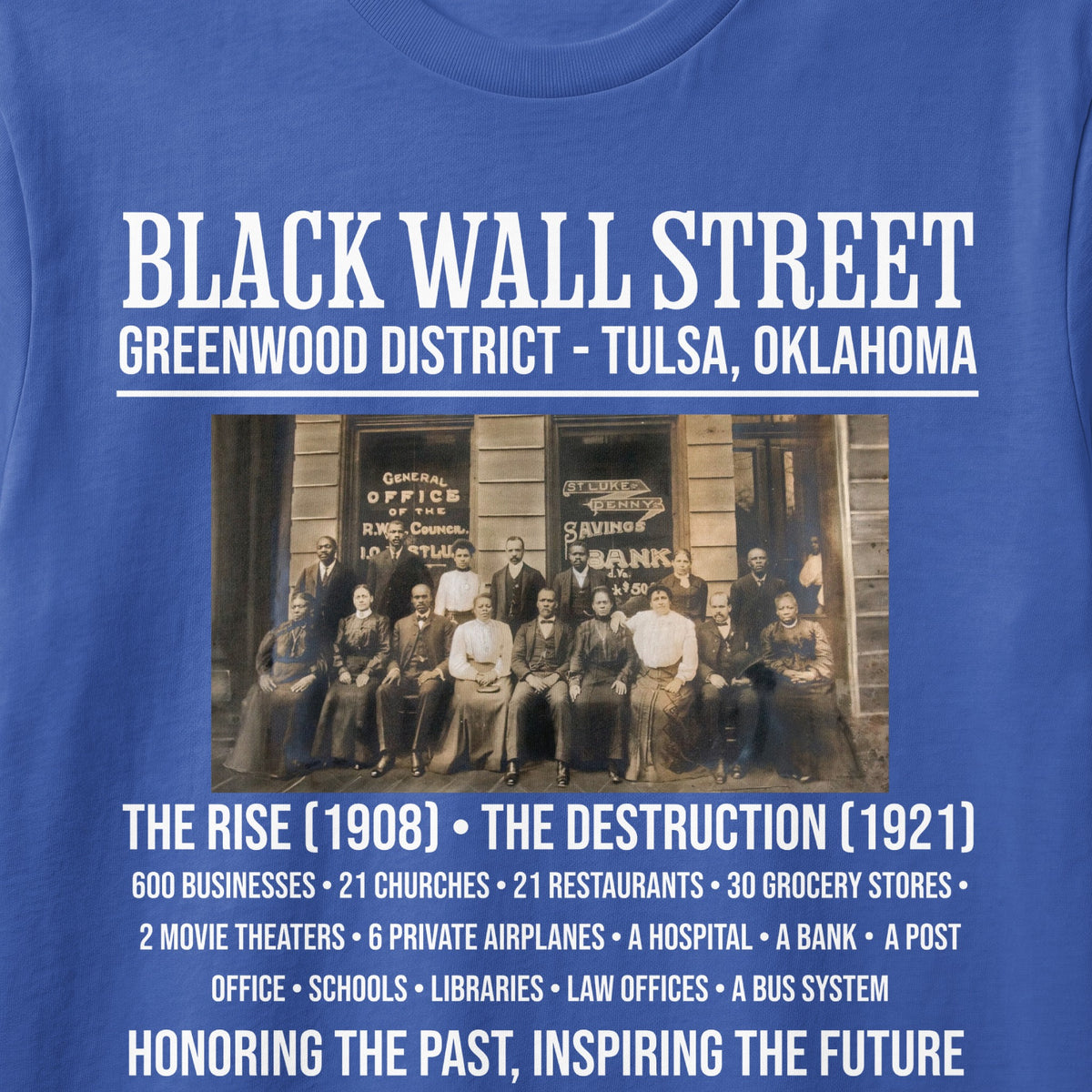 Black Wall Street, Greenwood District, Tulsa, Oklahoma text with historic photo.