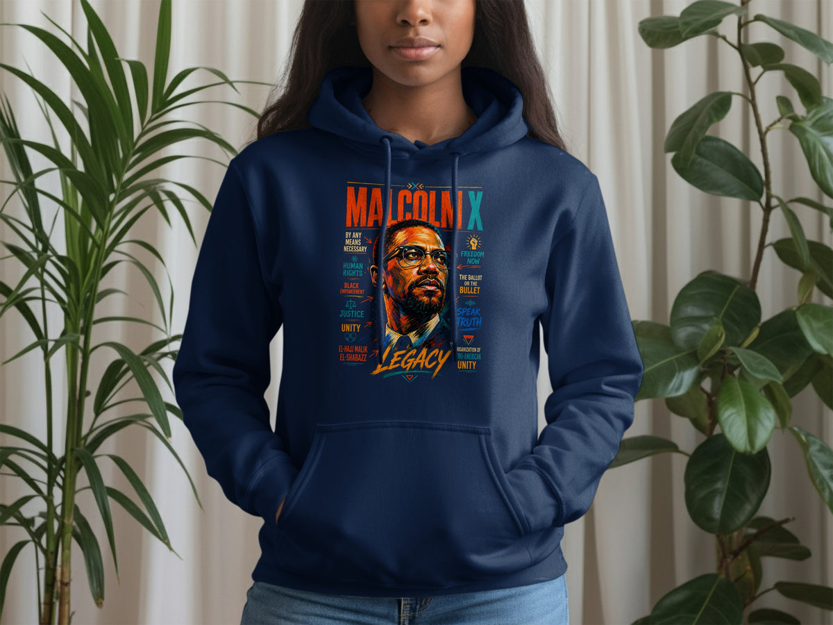 Navy hoodie with Malcolm X portrait and "Legacy" text.