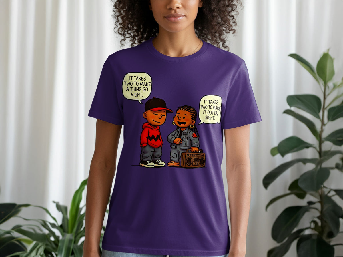 Purple t-shirt with cartoon of two kids and a boombox, one saying "It takes two to make a thing go right."