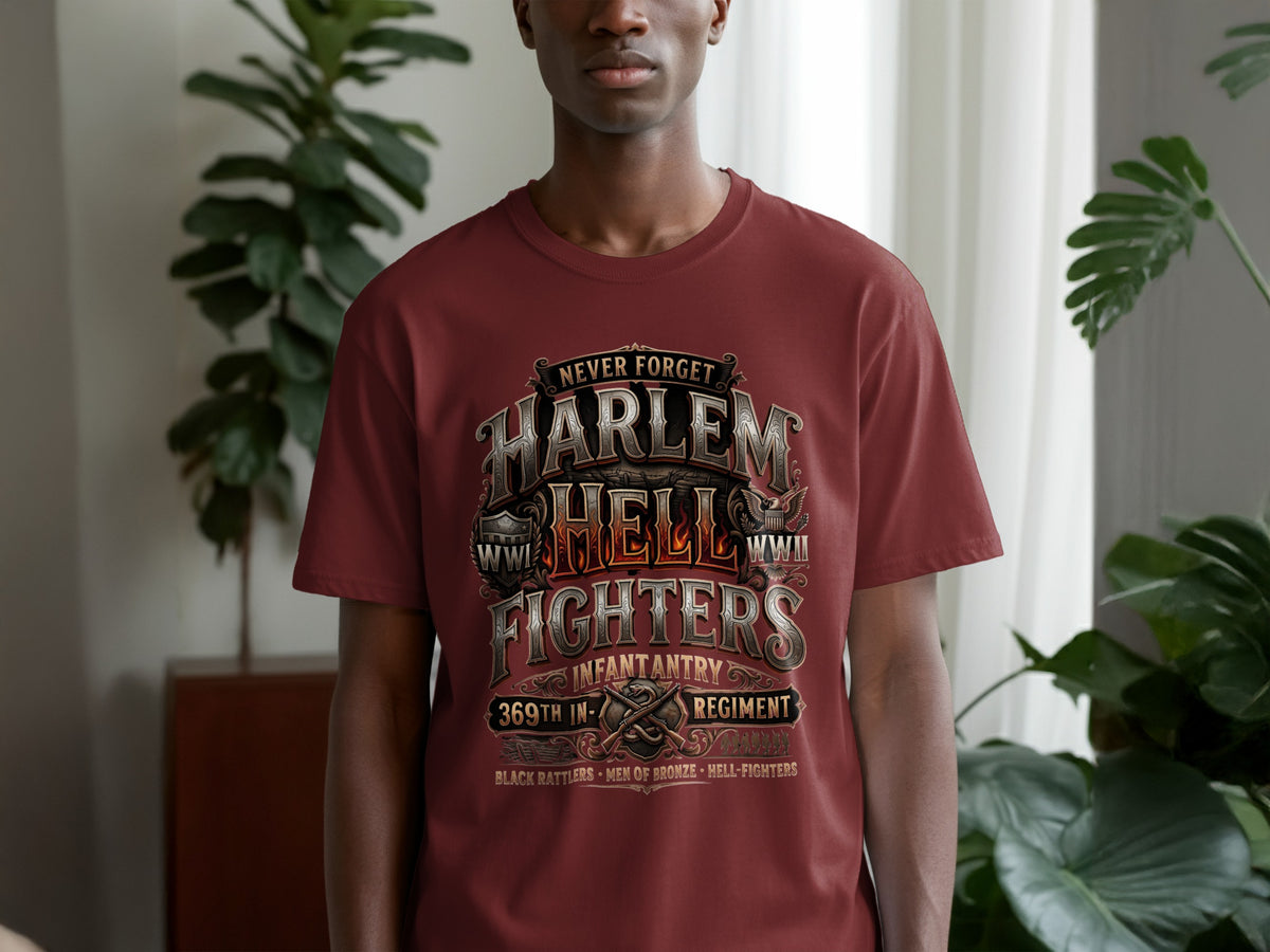 Maroon t-shirt with Harlem Hell Fighters WWII 369th Infantry Regiment graphic.