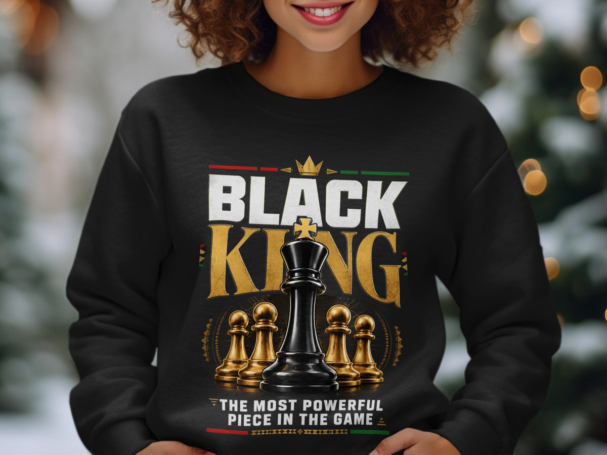 Black King text with chess pieces and motivational quote.