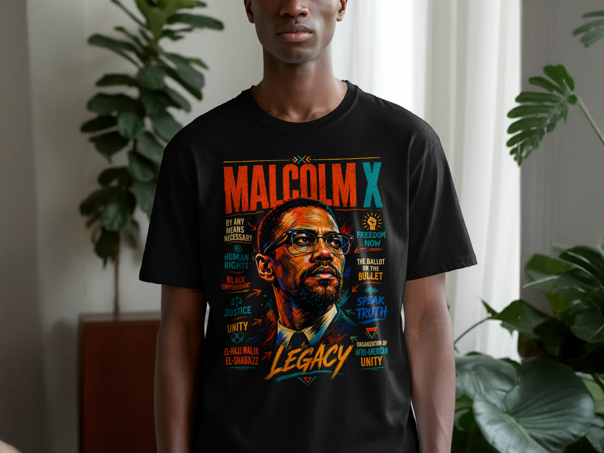 Malcolm X portrait with text: Legacy, Freedom Now, Speak Truth, Human Rights, Justice.
