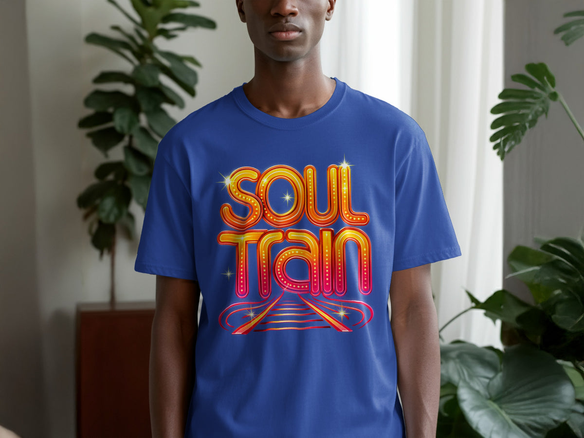 Blue t-shirt with a "Soul Train" graphic in neon, retro style.