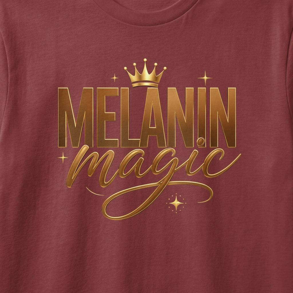 Gold text reads "MELANIN magic" with a crown above.