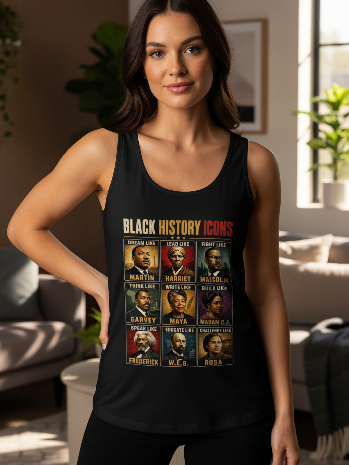 Black History Icons design with portraits of civil rights leaders on a black tank top.