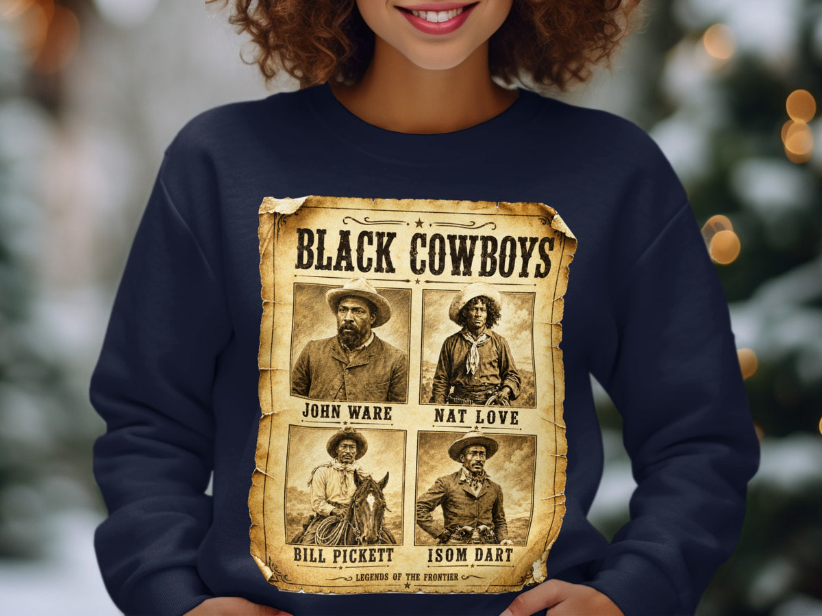 "Black Cowboys" poster featuring John Ware, Nat Love, Bill Pickett, and Isom Dart.