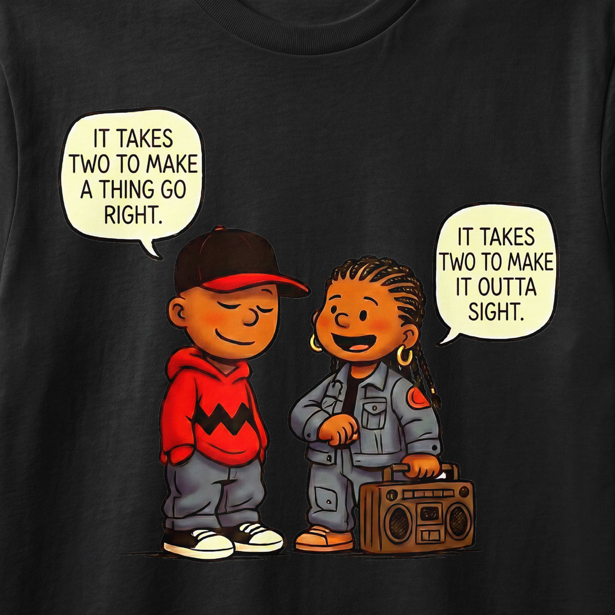 Two cartoon characters in streetwear, one with a boombox, with dialogue balloons.