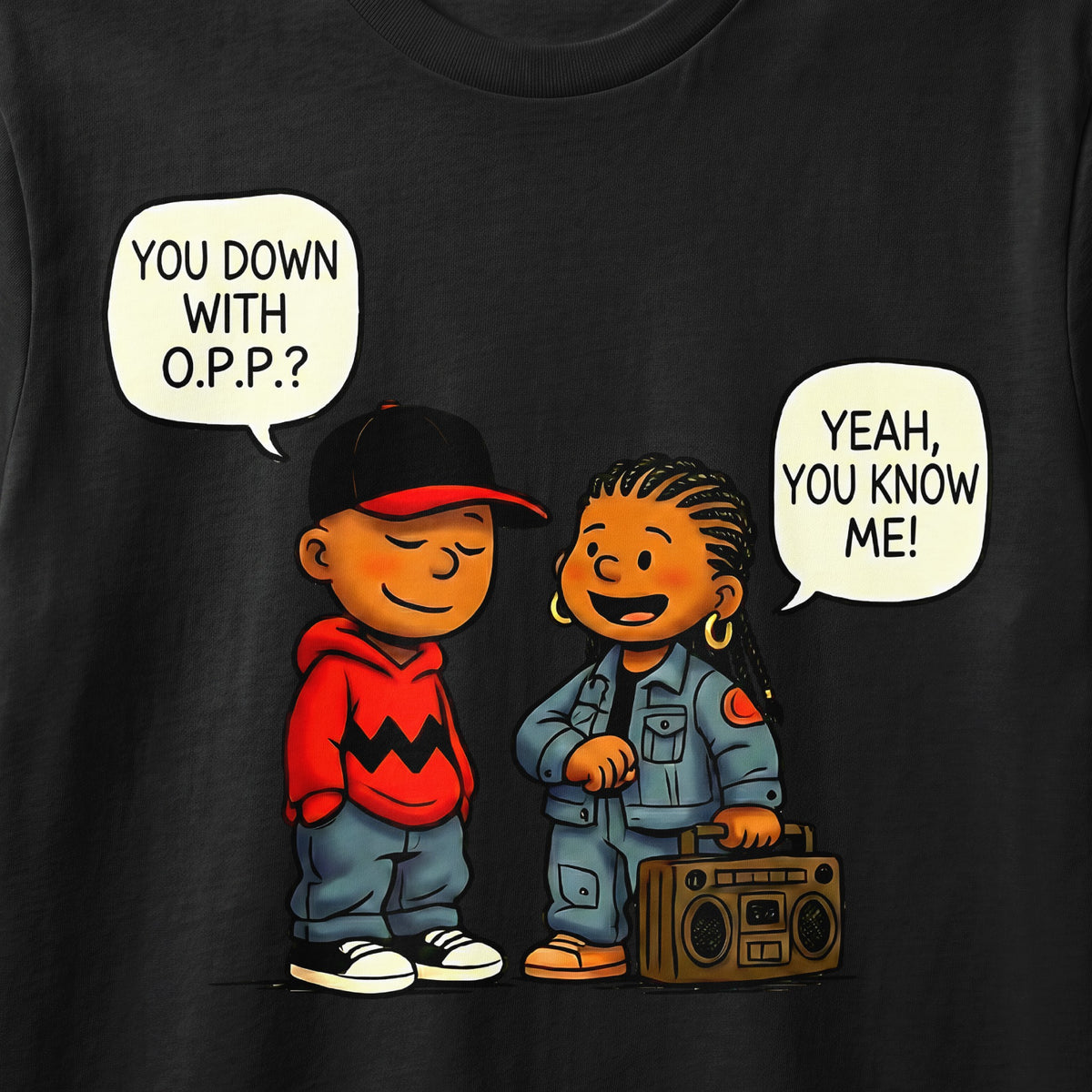 Cartoon characters with dialogue bubbles, one asks "YOU DOWN WITH O.P.P.?", the other replies "YEAH, YOU KNOW ME!".