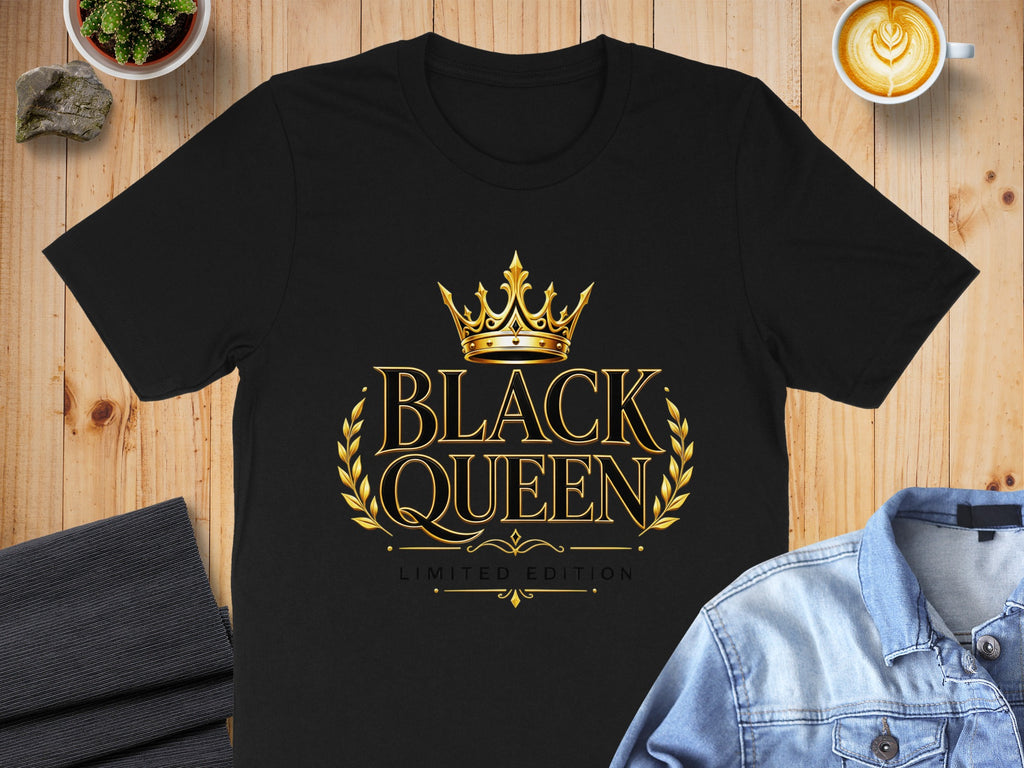 Black t-shirt with gold "Black Queen" text and crown design, limited edition.