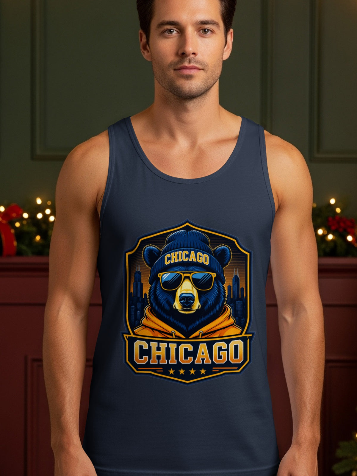 Graphic of a cool bear wearing a beanie and sunglasses with "Chicago" text on a tank top.