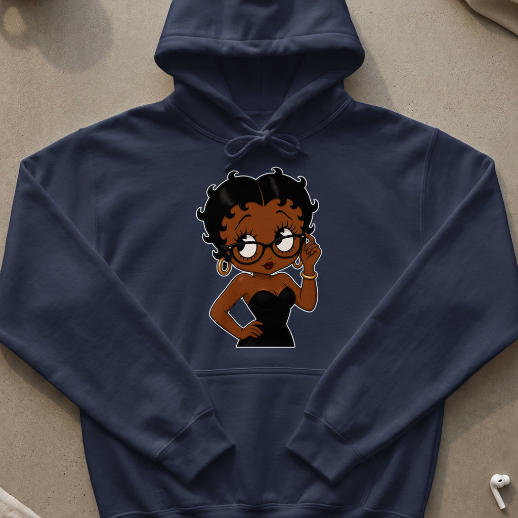 Navy blue hoodie with a cartoon of a Black woman in a black dress and glasses.