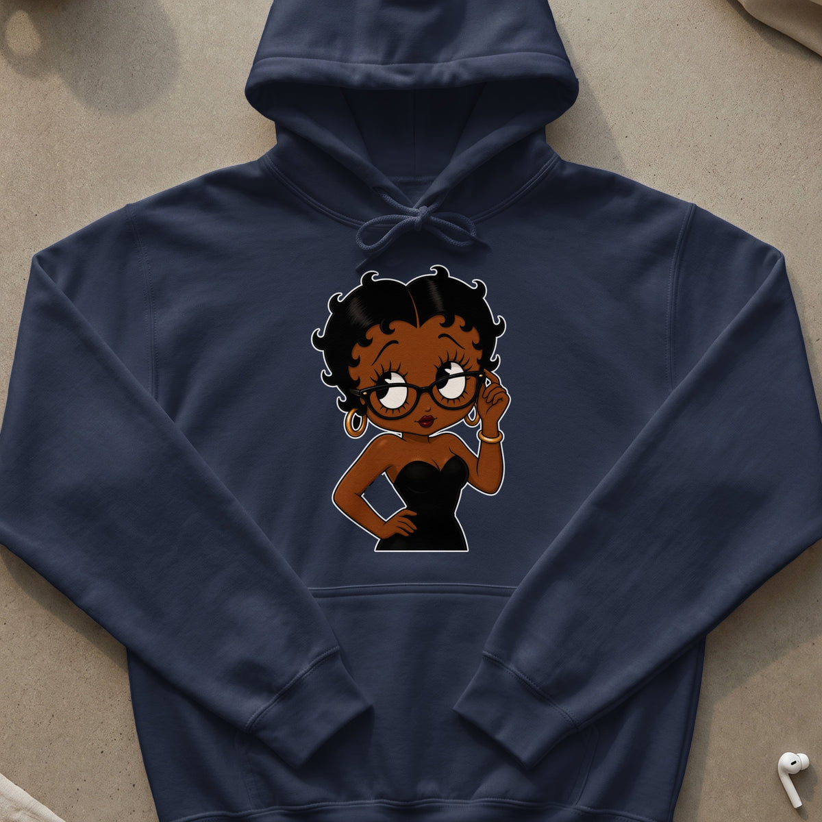 Navy blue hoodie with a cartoon of a Black woman in a black dress and glasses.