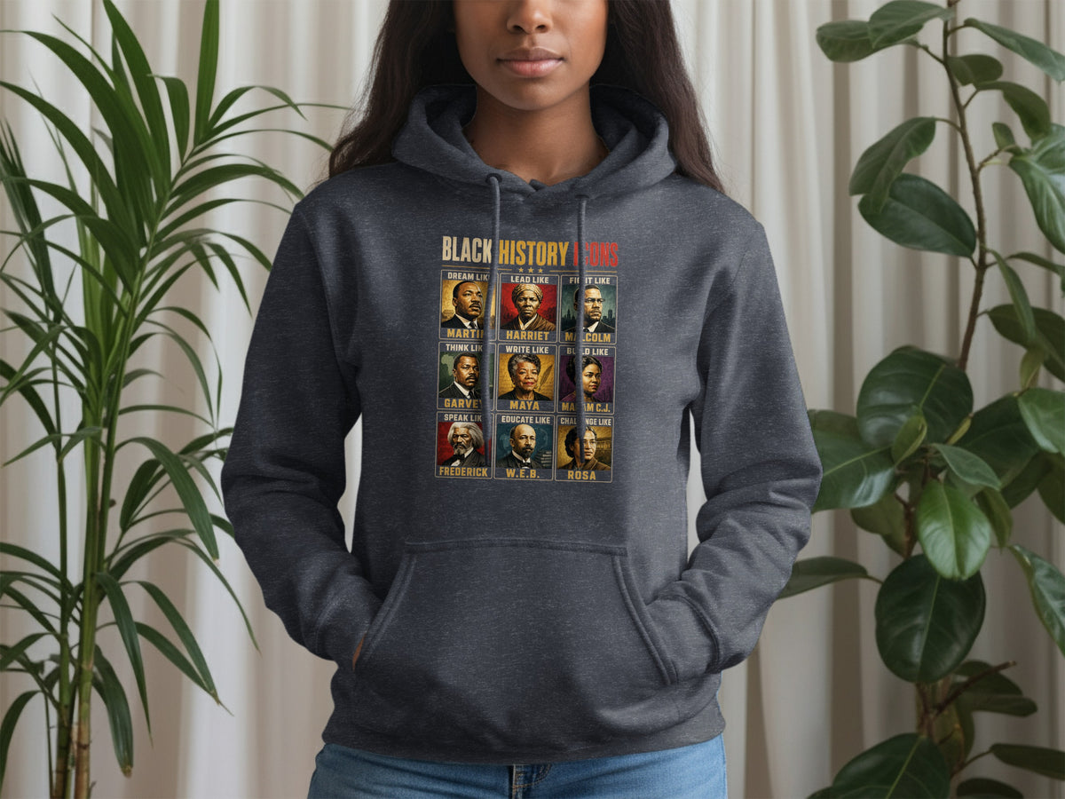 Dark grey hoodie featuring "Black History Icons" with portraits of prominent Black figures.