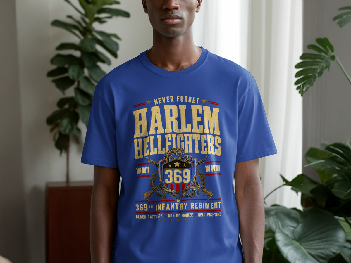 Blue t-shirt with "Harlem Hellfighters 369th Infantry Regiment" text and crest.