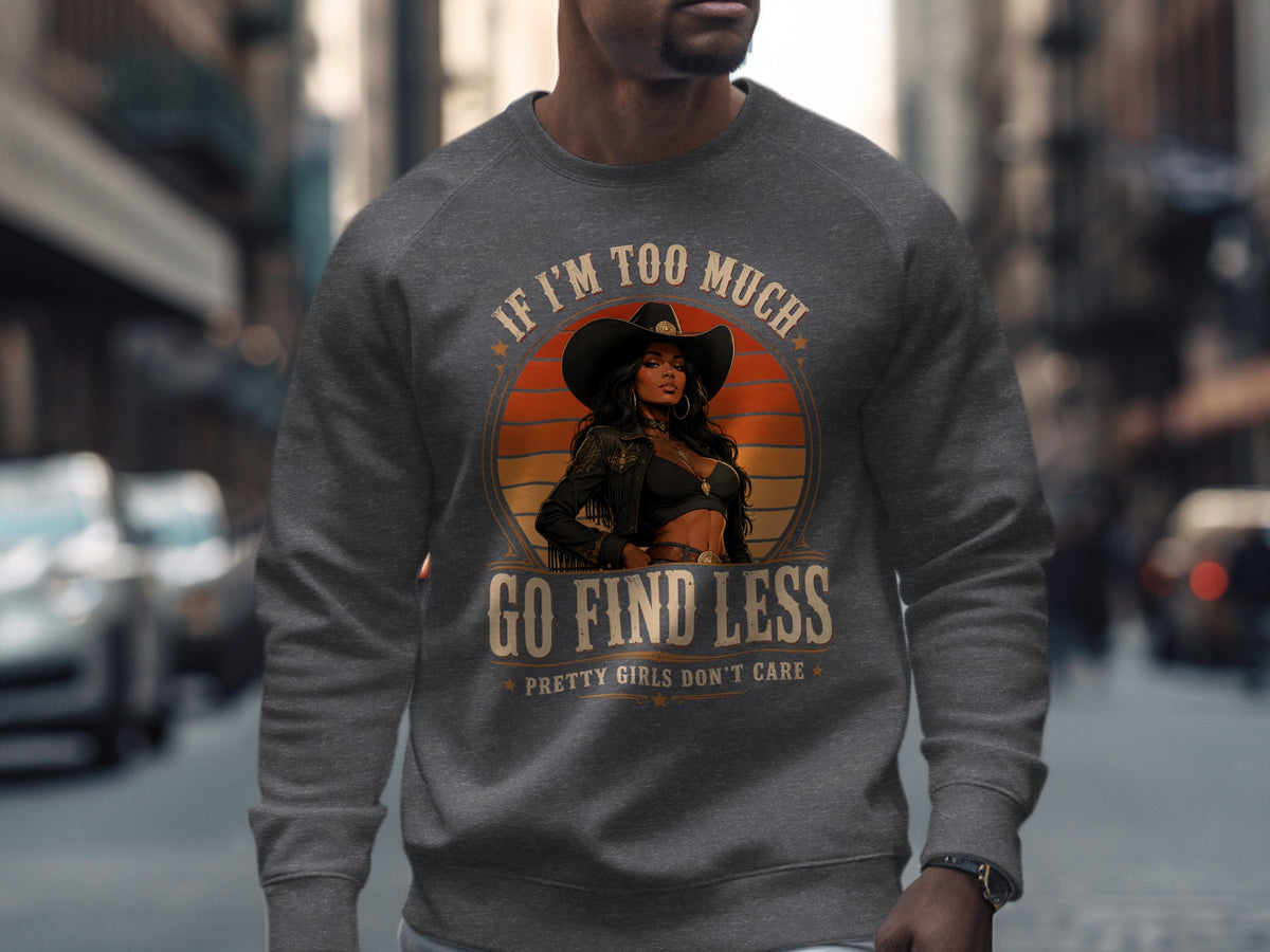 Dark gray sweatshirt with a graphic featuring a woman in a cowboy hat and text.