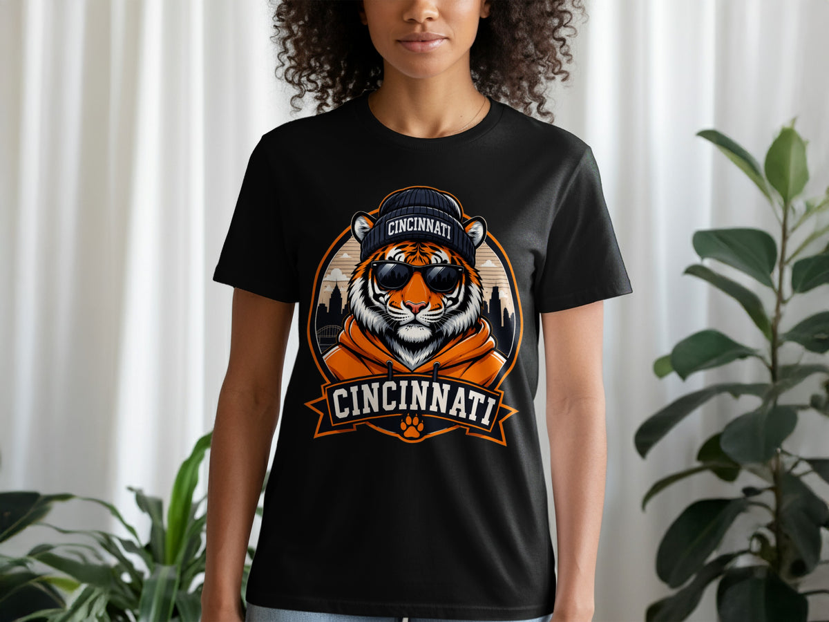 Black t-shirt with graphic of cool tiger wearing beanie and sunglasses, text "CINCINNATI".