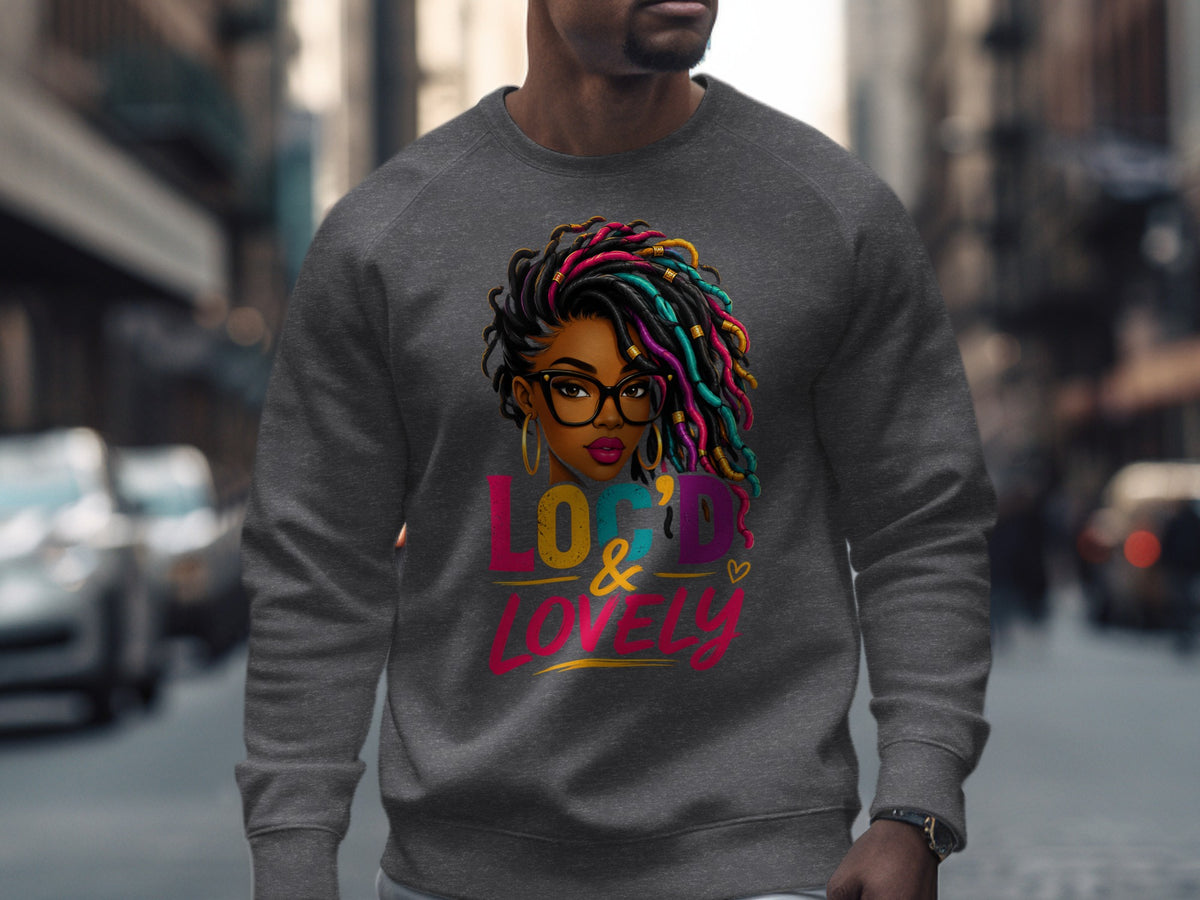 Dark gray sweatshirt with graphic of woman and text "Loc'd & Lovely".