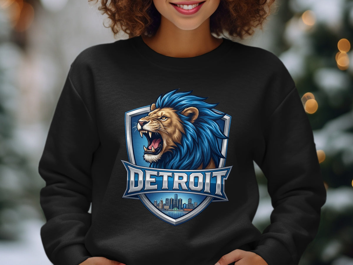 Black sweatshirt with a Detroit lion logo featuring a cityscape and a roaring lion.