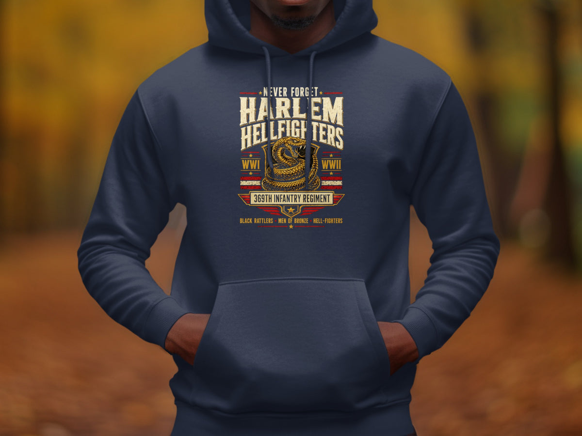 Dark blue hoodie with Harlem Hellfighters 369th Infantry Regiment WW1 WW2 design.