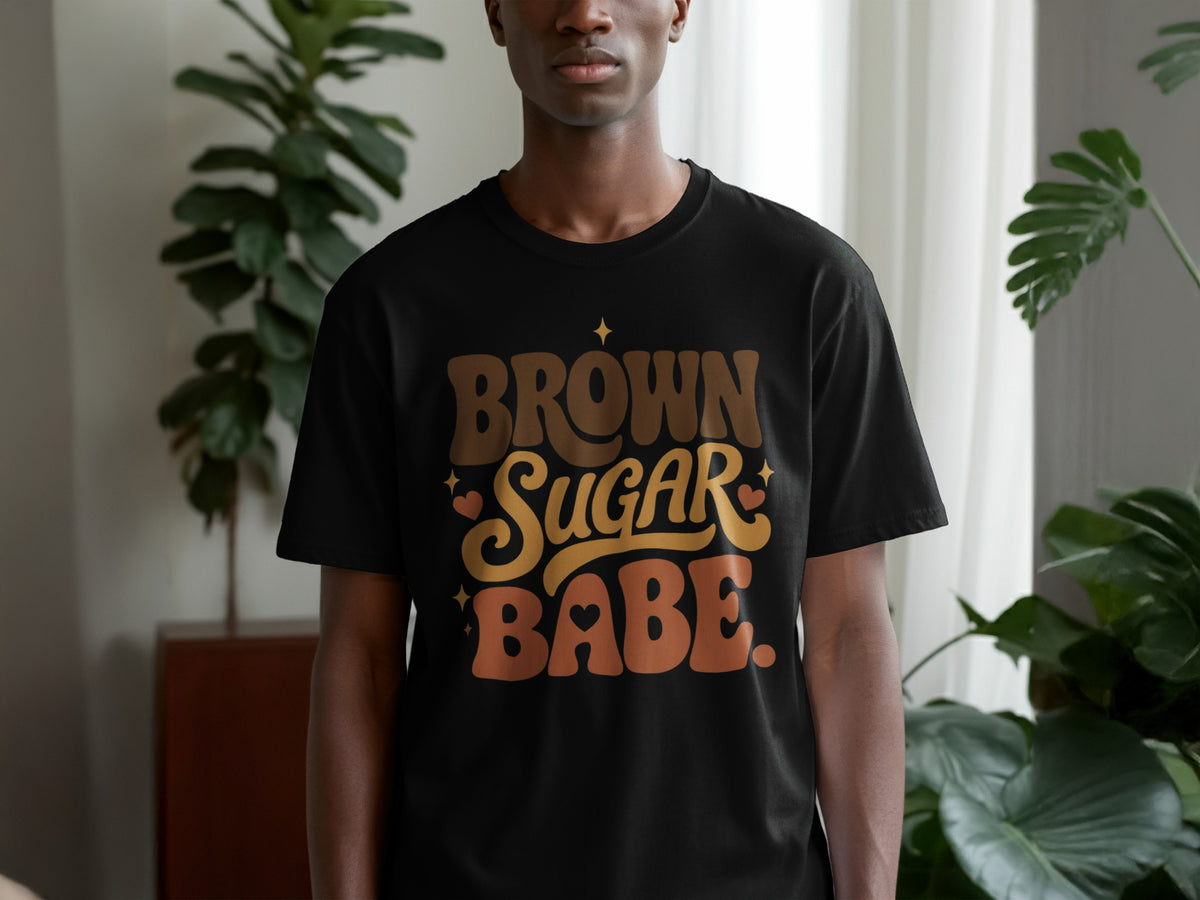 Black t-shirt with "Brown Sugar Babe" text and decorative hearts and stars.