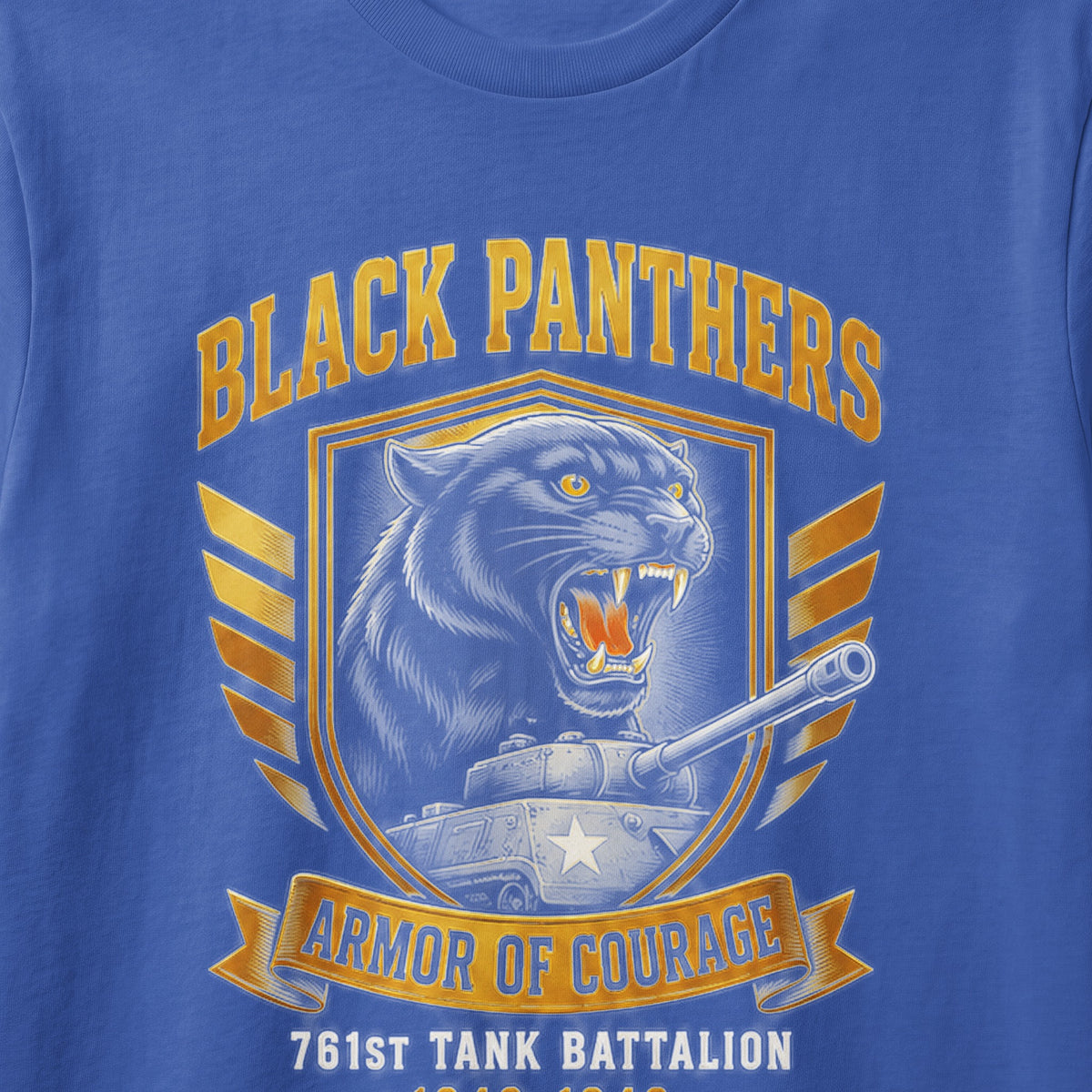 Black Panthers Armor of Courage 761st Tank Battalion design on a blue shirt.