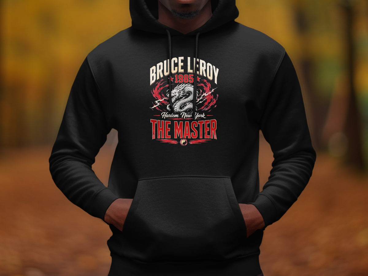 Black hoodie with Bruce Leroy 1985 The Master graphic and dragon design.