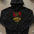 Black hoodie with Black American Heritage Flag design and gold lettering.