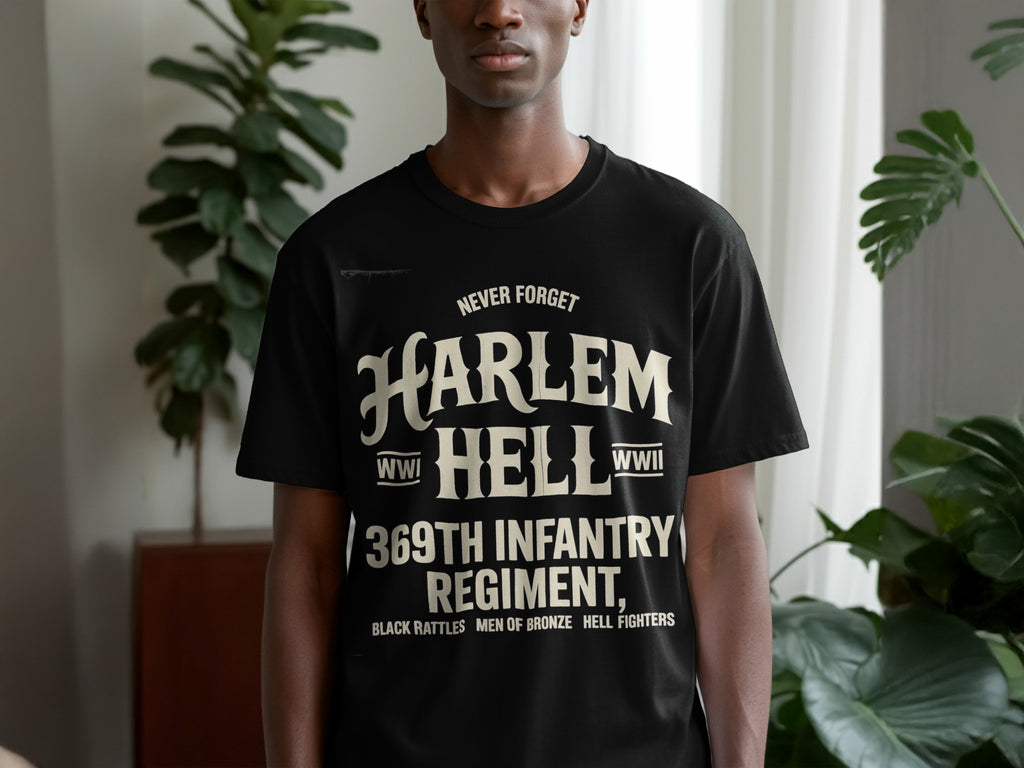 Black t-shirt with "Harlem Hellfighters 369th Infantry Regiment" text.