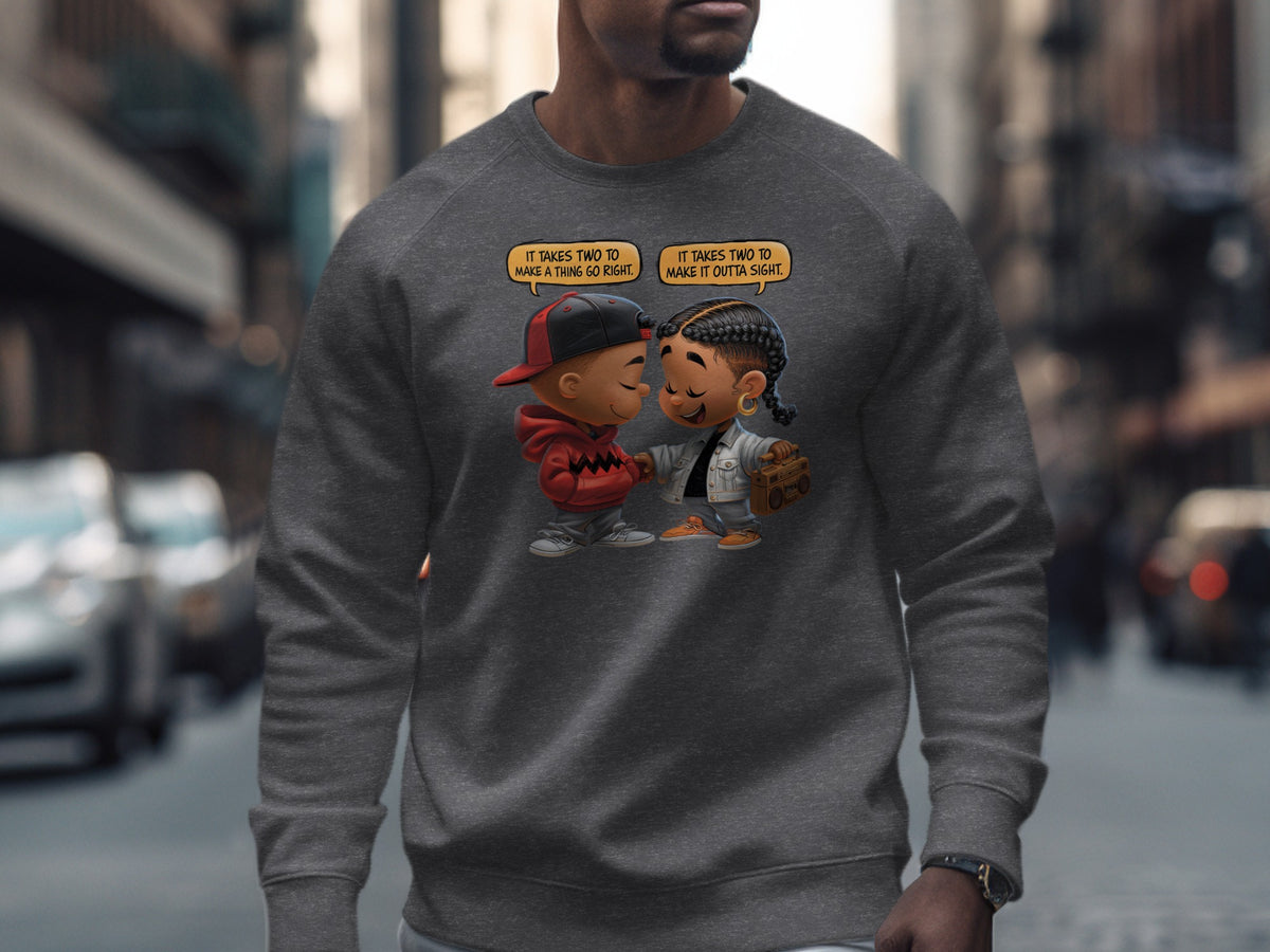 Dark grey sweatshirt with cartoon of two children, one wearing a red hoodie, the other a jacket.