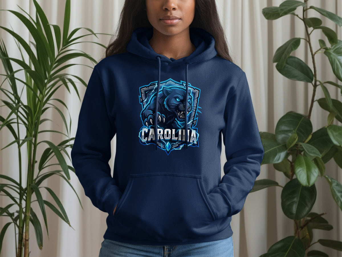 Dark blue hoodie with a black panther and Carolina text graphic.