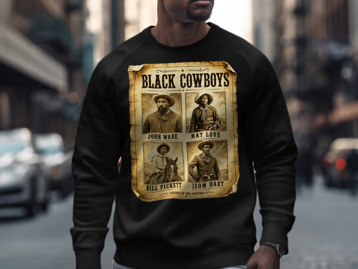 Black Cowboys graphic with John Ware, Nat Love, Bill Pickett, and Isom Dart.