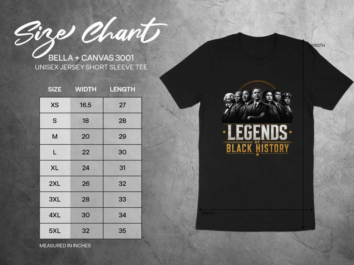 Size chart for Bella + Canvas 3001 unisex short sleeve tee with measurements in inches.