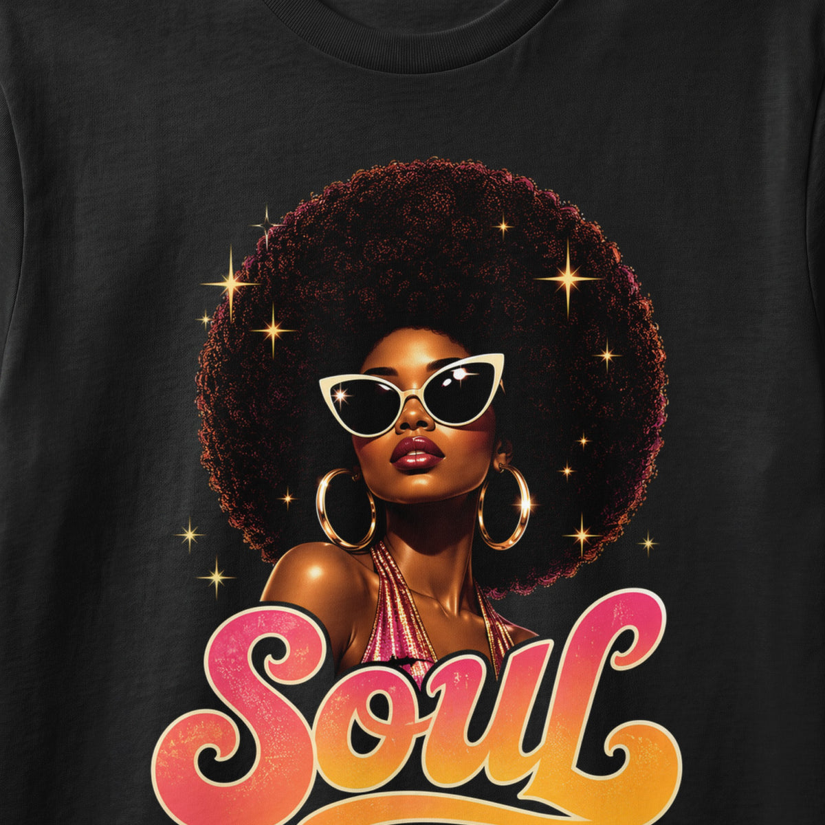 Woman with large afro and sunglasses on black shirt with "Soul" text