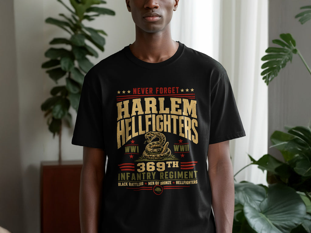Black t-shirt with Harlem Hellfighters design, featuring a snake and WWI/WWII text.