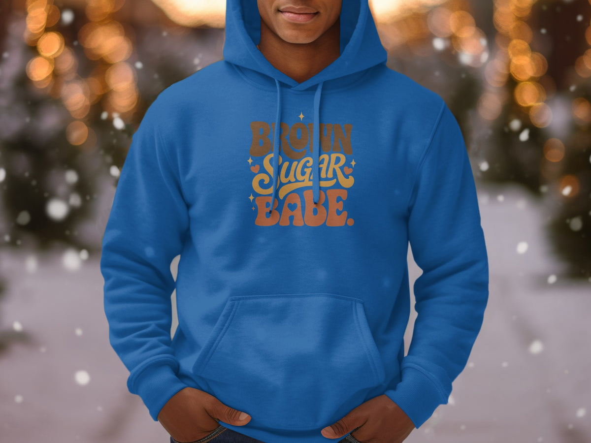 Blue hoodie with "Brown Sugar Babe" text in orange and brown retro font.
