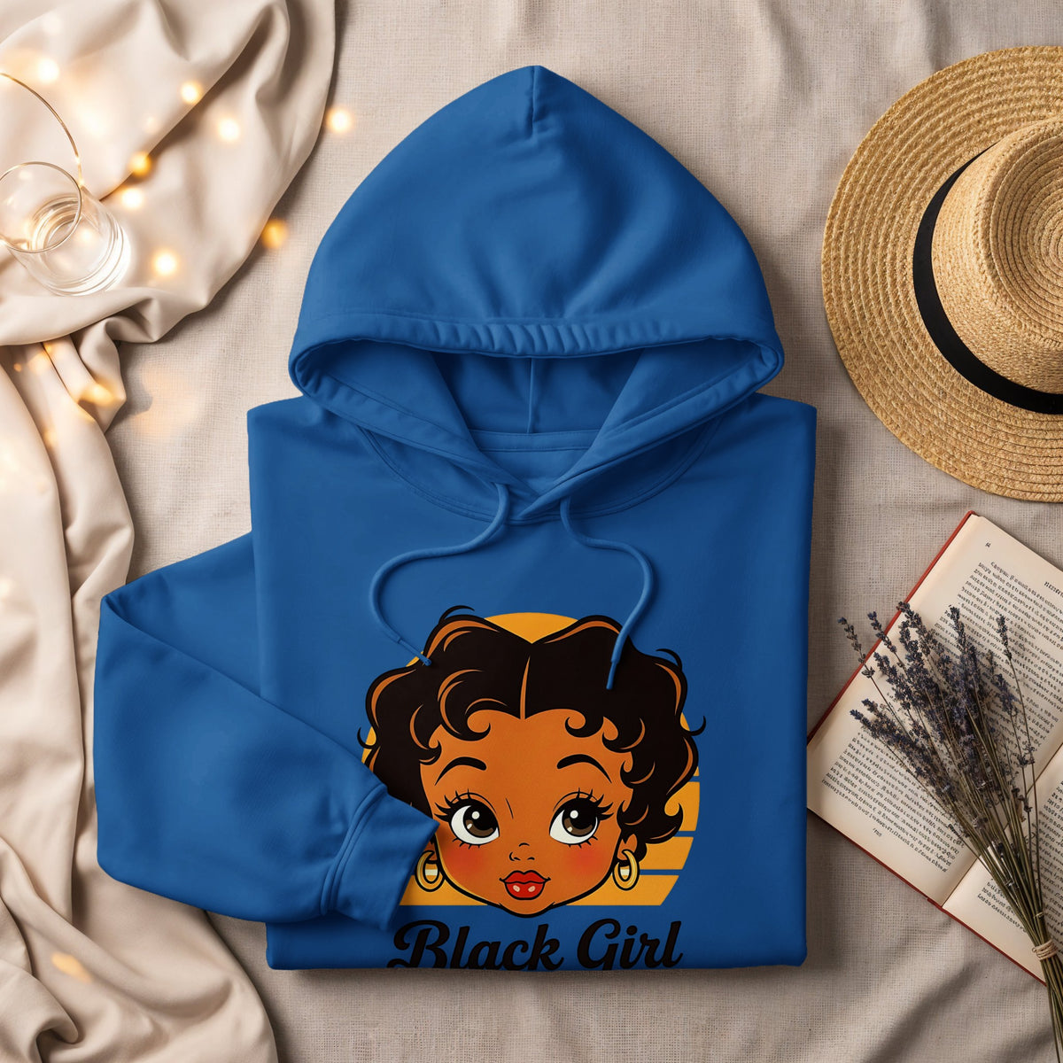Blue hoodie with Black Girl graphic featuring a cartoon girl's face.