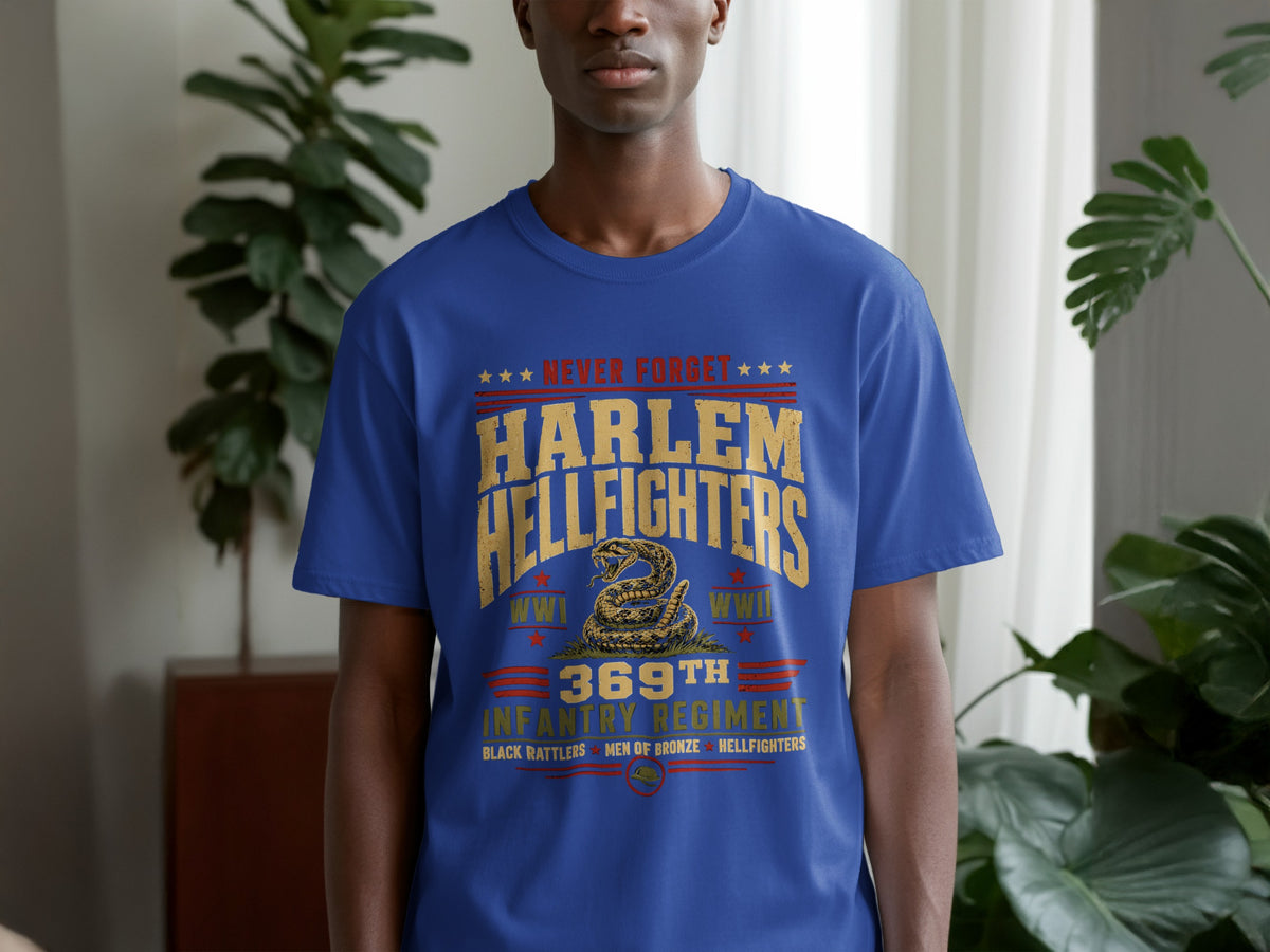 Blue t-shirt with text: "Never Forget Harlem Hellfighters 369th Infantry Regiment".