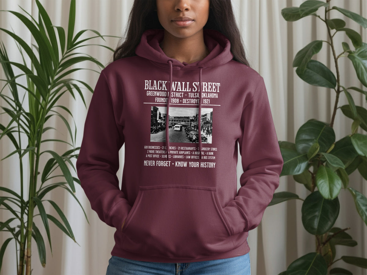 Burgundy hoodie with Black Wall Street text and vintage Tulsa street scene.