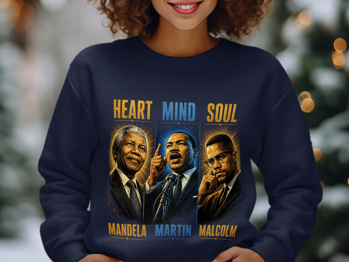 Nelson Mandela, Martin Luther King Jr., Malcolm X, with text Heart Mind Soul.