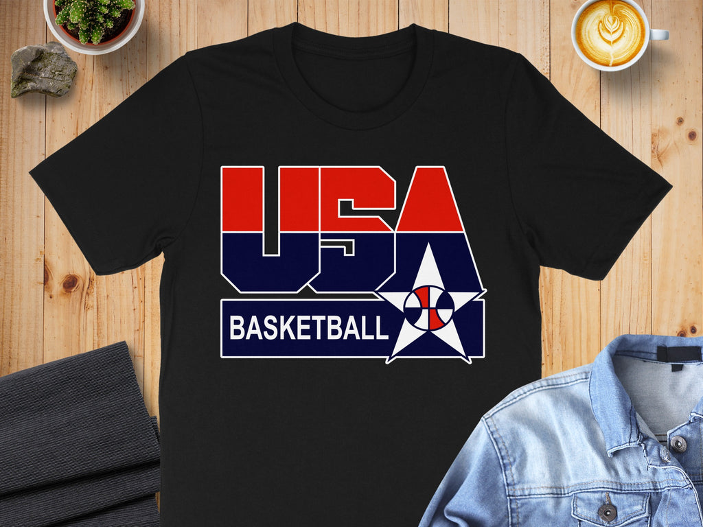 Black t-shirt with red, white, and blue "USA BASKETBALL" graphic and basketball star logo.