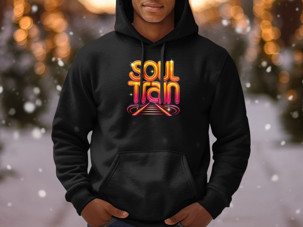 Black hoodie with "Soul Train" text and staircase graphic.