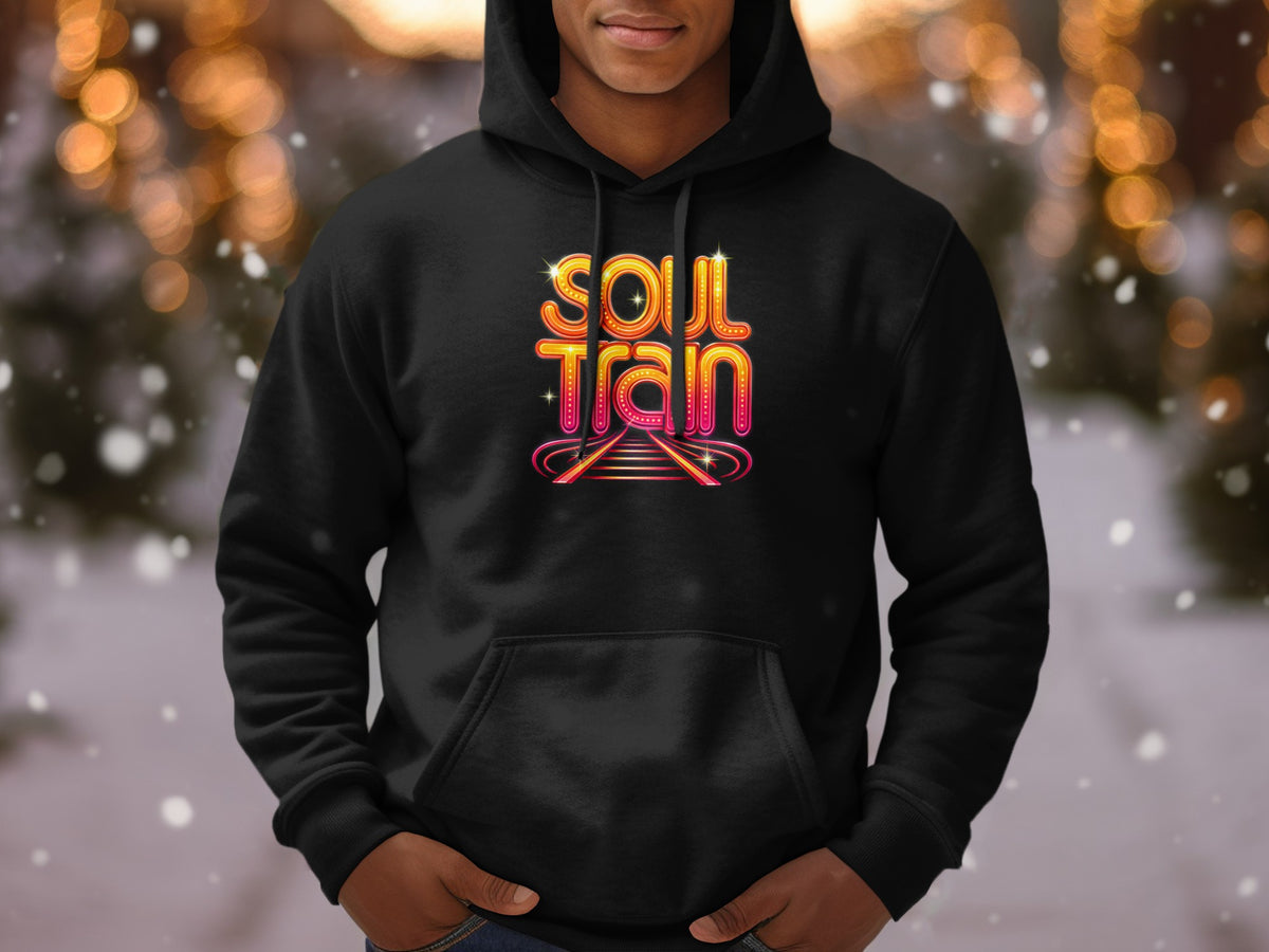 Black hoodie with "Soul Train" text and staircase graphic.