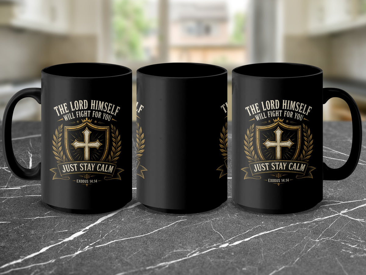 Black mug with gold cross emblem and text "The Lord Himself Will Fight For You".