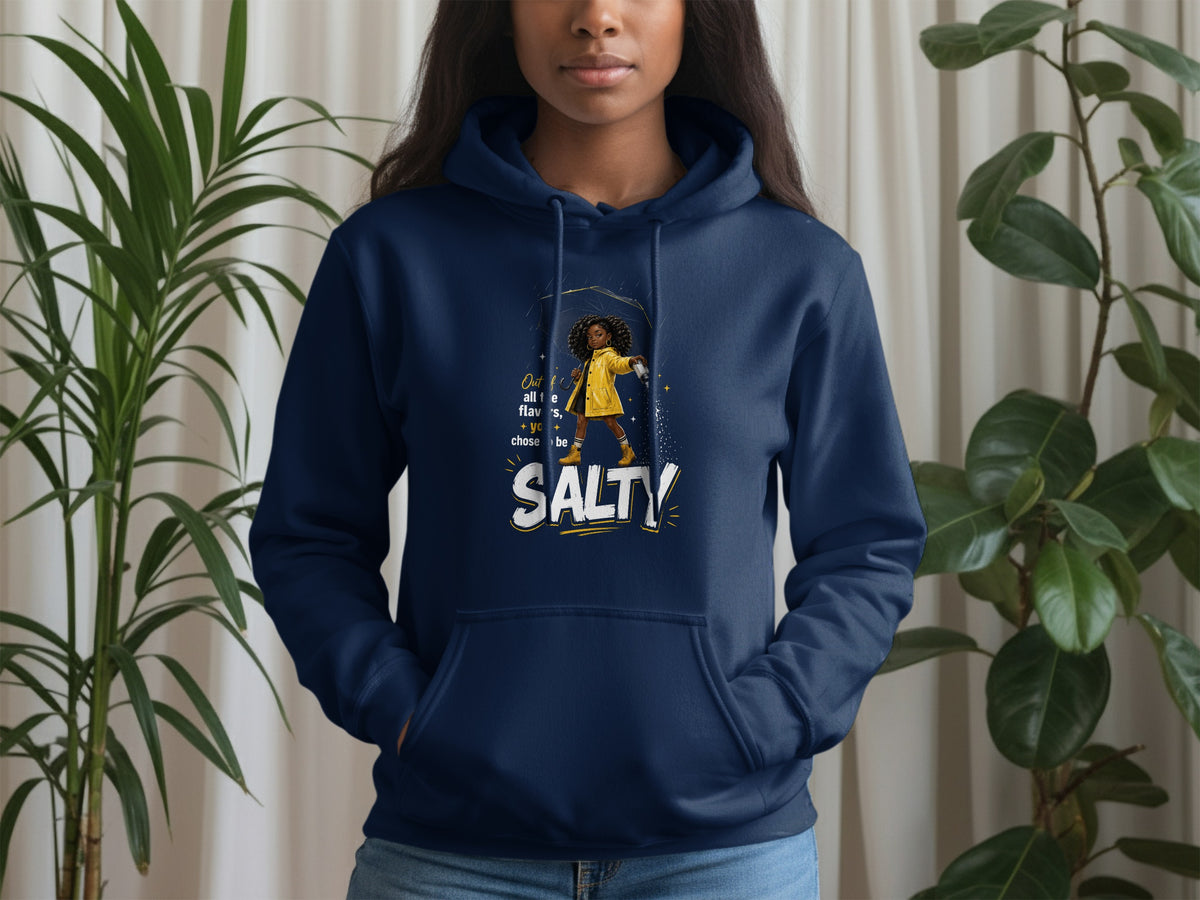 Navy hoodie with text and illustration of a girl holding an umbrella.