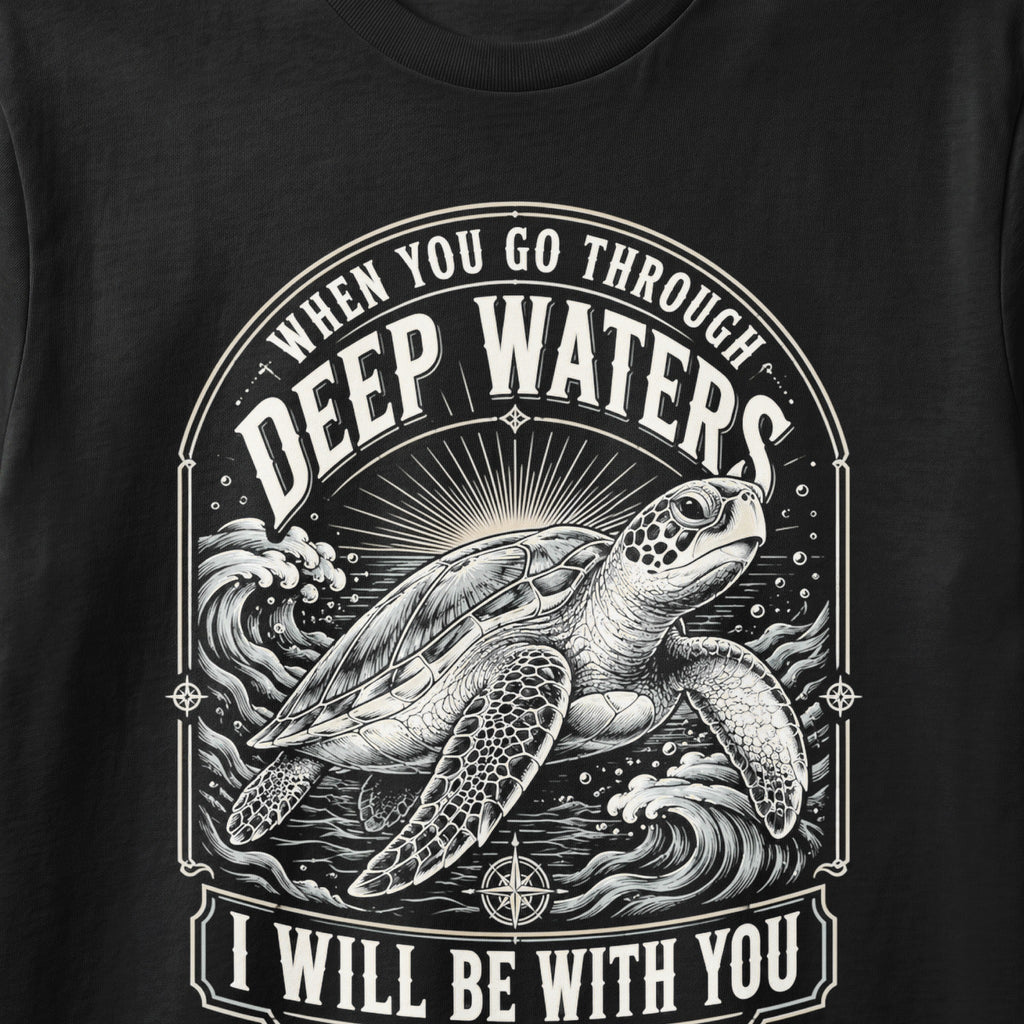Sea turtle in waves with text "When You Go Through Deep Waters I Will Be With You".