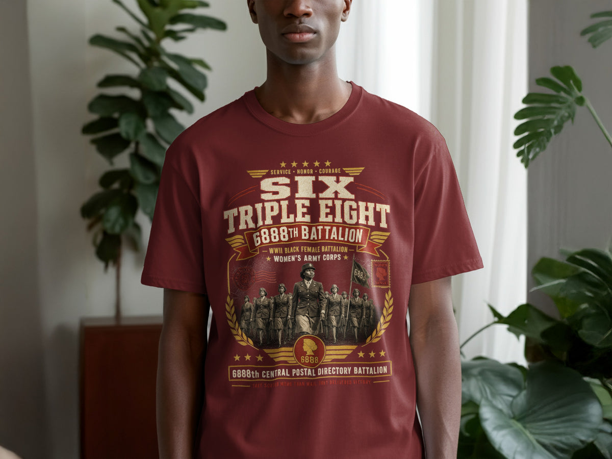 T-shirt with Six Triple Eight 6888th Battalion WWII Black Female Battalion design.
