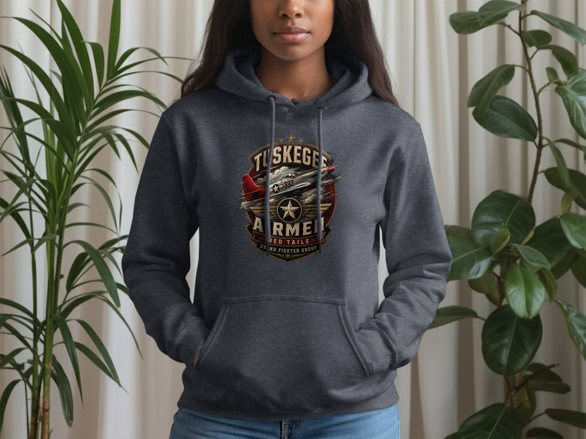 Dark grey hoodie with TUSKEGEE AIRMEN RED TAILS 33. ND FIGHTER GROUP graphic.